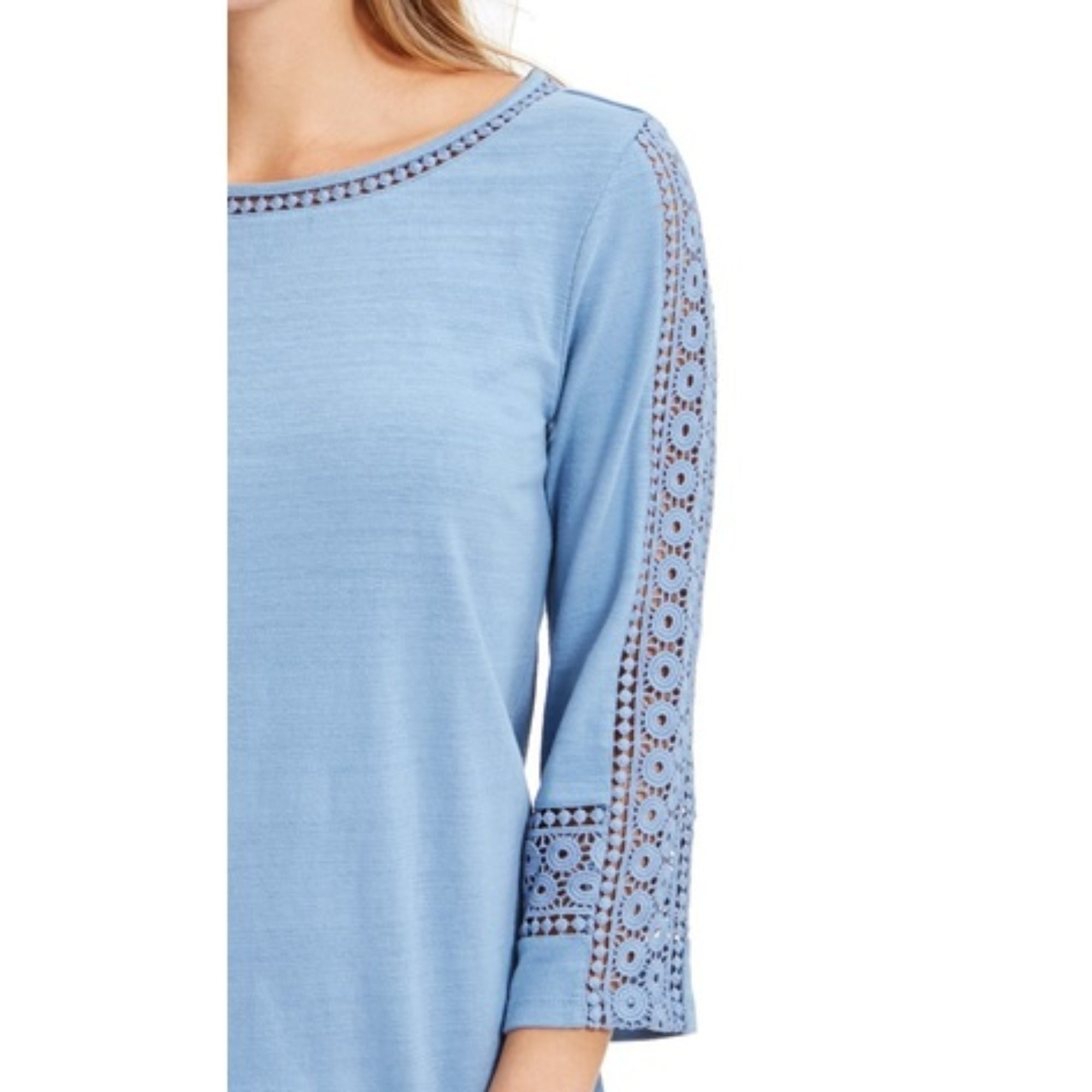 Charter Club Women's 3/4 Crochet Sleeve Boat Neck Pullover Top - Size Small