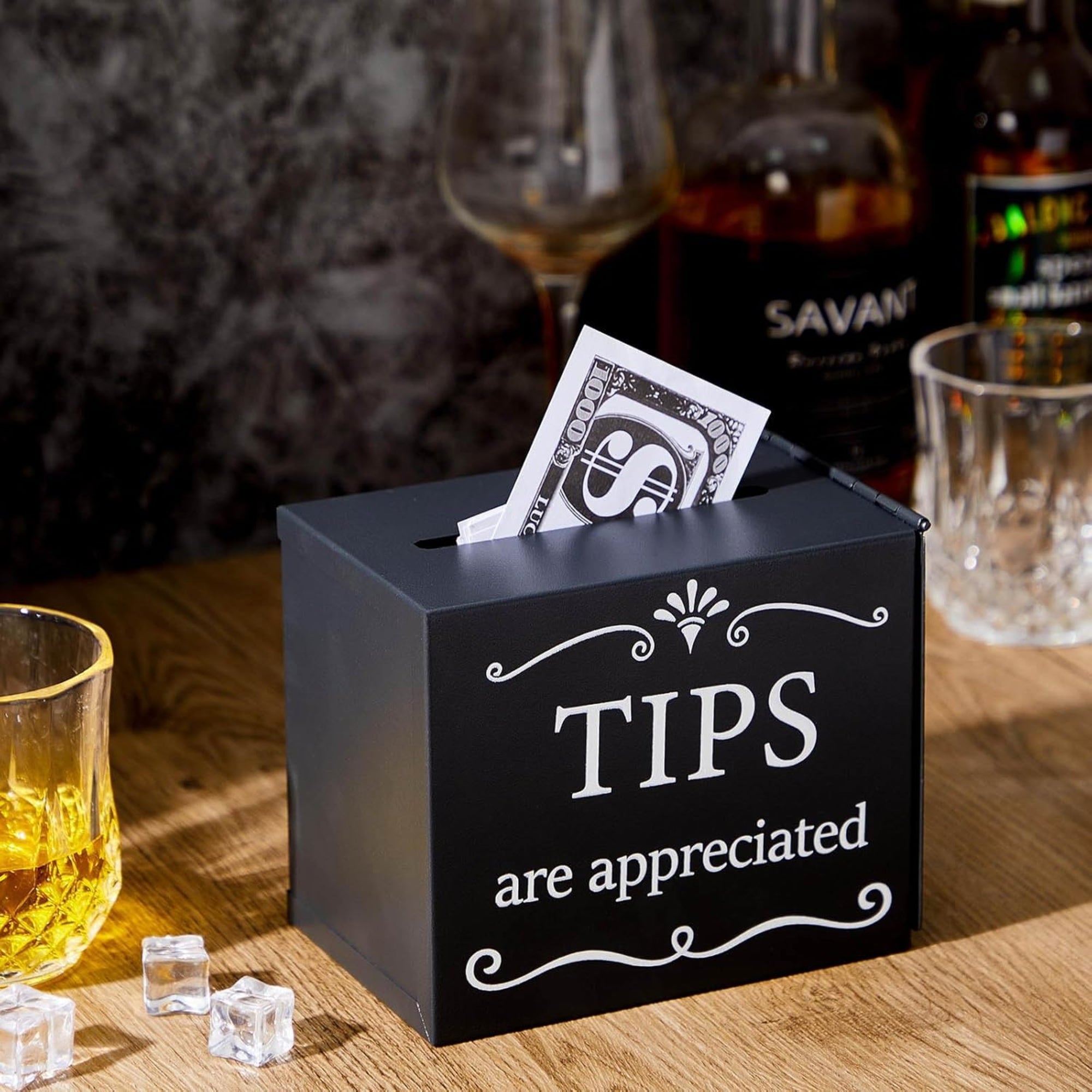 Vesici Metal Tips Jar – 6" x 4" x 5" Donation & Cash Collection Box, Black Metal Container for Bars