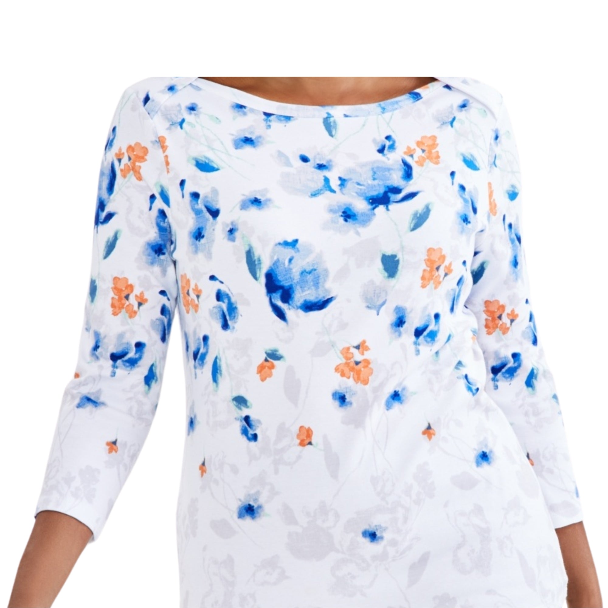 Style & Co Petite Pima Floral Print Top – Jen Bright White, Petite Small