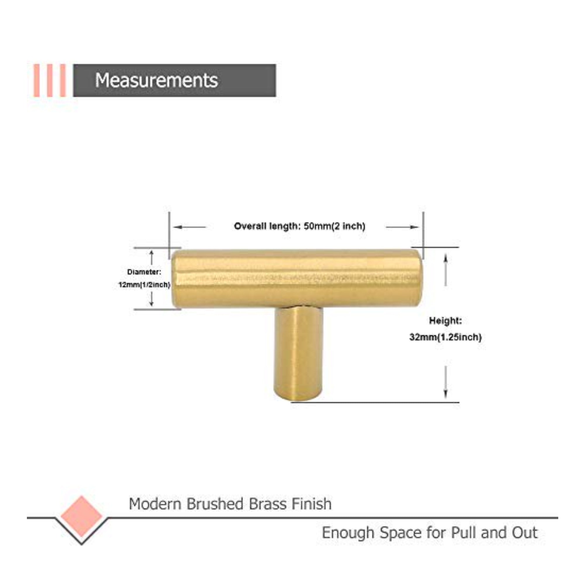 LONTAN Gold T Bar Drawer Knobs – Brushed Brass Cabinet Hardware, 2" Overall