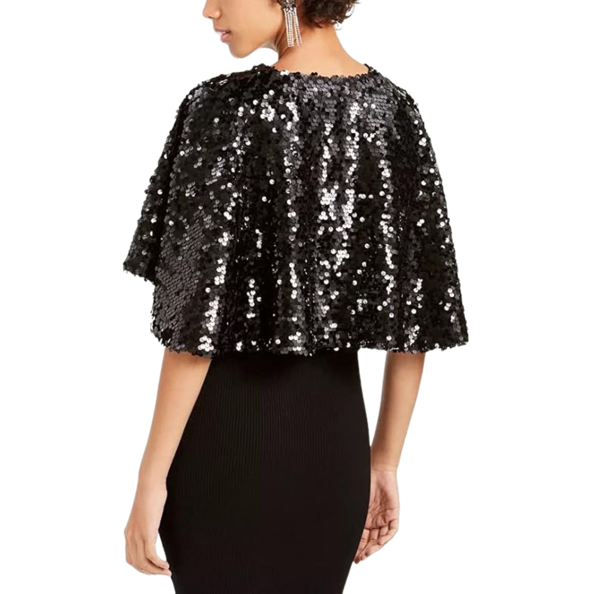 Teeze Me Women's Black Short Sleeve Sequined Capelet Top - Size Small