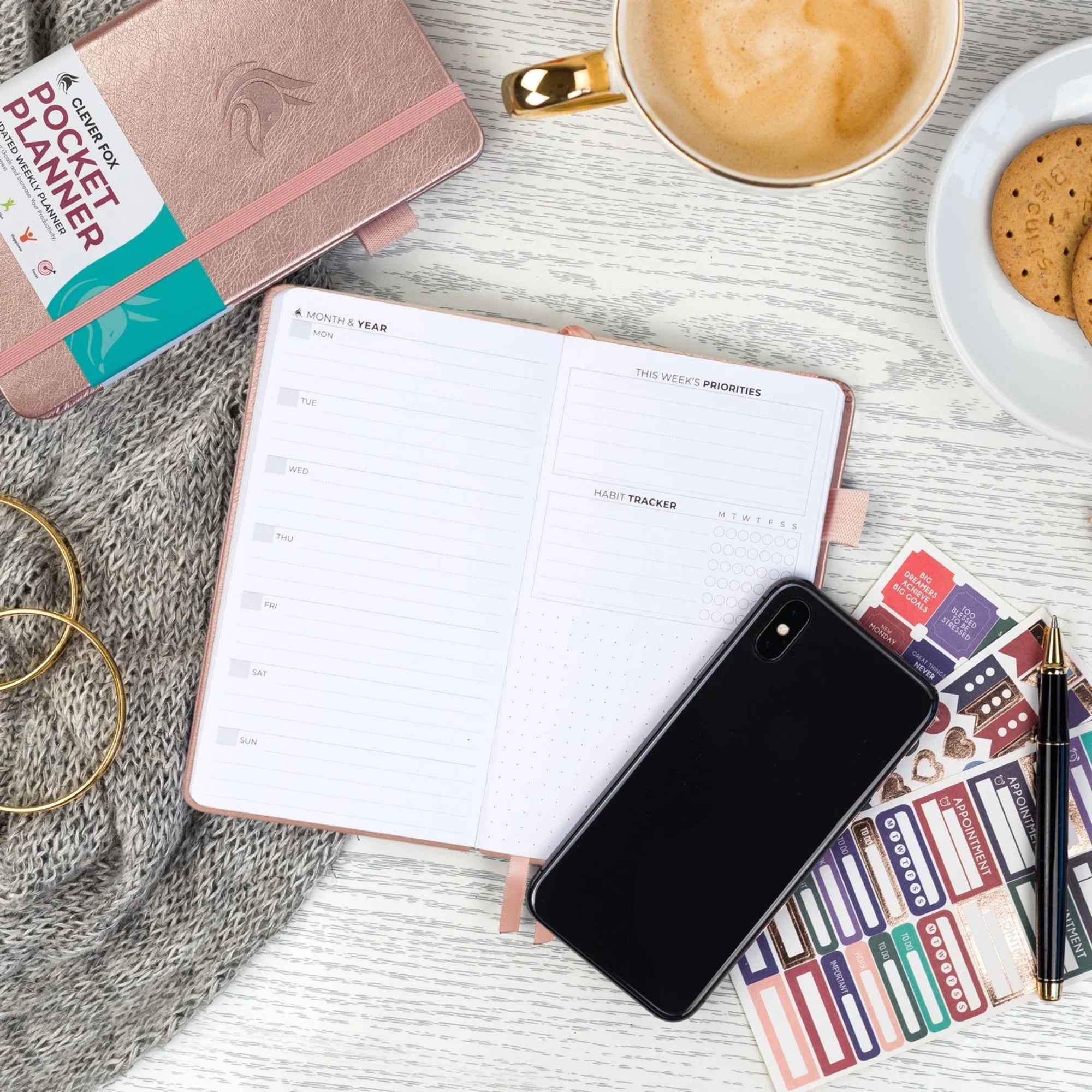 Clever Fox Pocket Planner Weekly – Undated Mini Goal & Productivity Calendar, Purse Size 3.7" x 6.7", Rose Gold