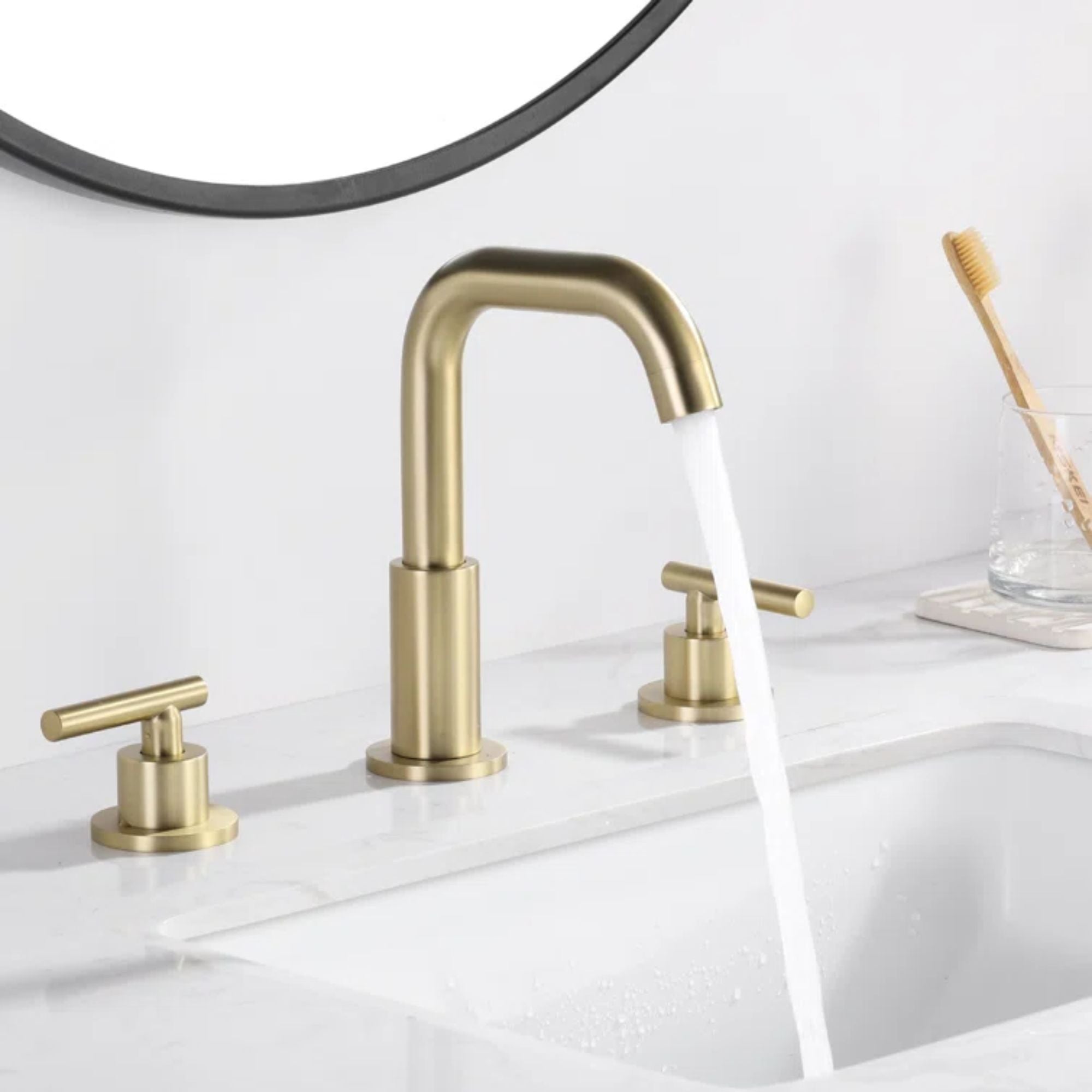 Maincraft 8 in. Widespread 2-Handle Mid-Arc Bathroom Faucet in Brushed Gold – 1514BG