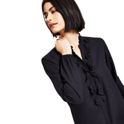 Bar III Women's Long Sleeve Ruffled Blouse – Black, Size XL