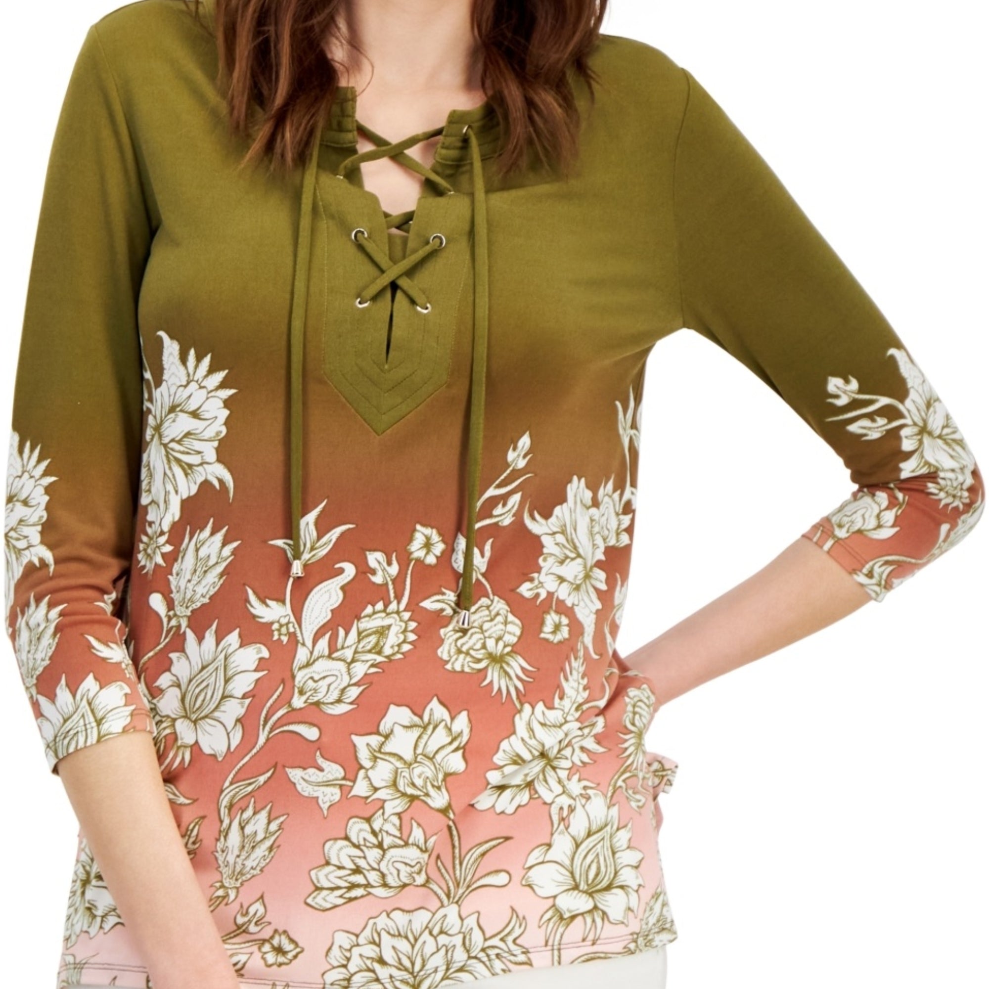 JM Collection Women's Printed Lace-Up Tunic – New Avocado Combo, XL