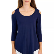 JM Collection Women's 3/4 Sleeve Cold-Shoulder Top – Intrepid Blue Small