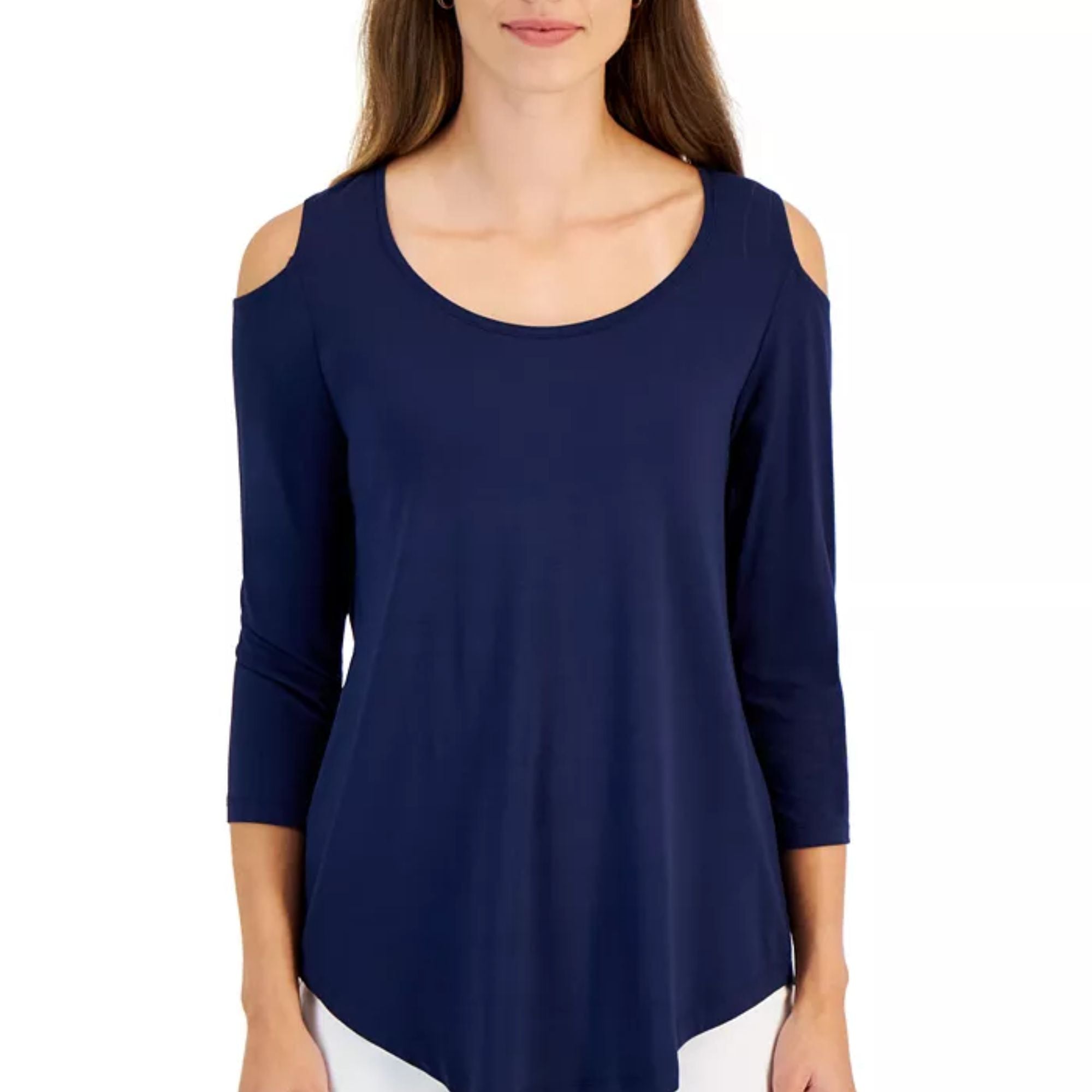 JM Collection Women's 3/4 Sleeve Cold-Shoulder Top – Intrepid Blue Small