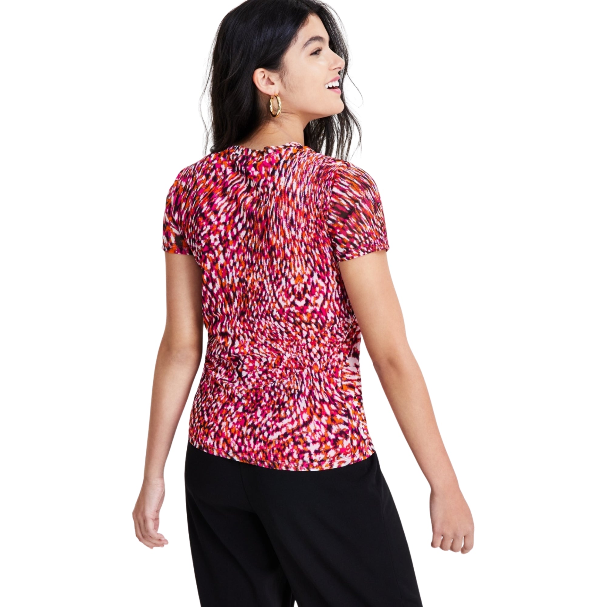 Bar III Women's Printed Short-Sleeve Mesh Top – Sunset Rose, XXS