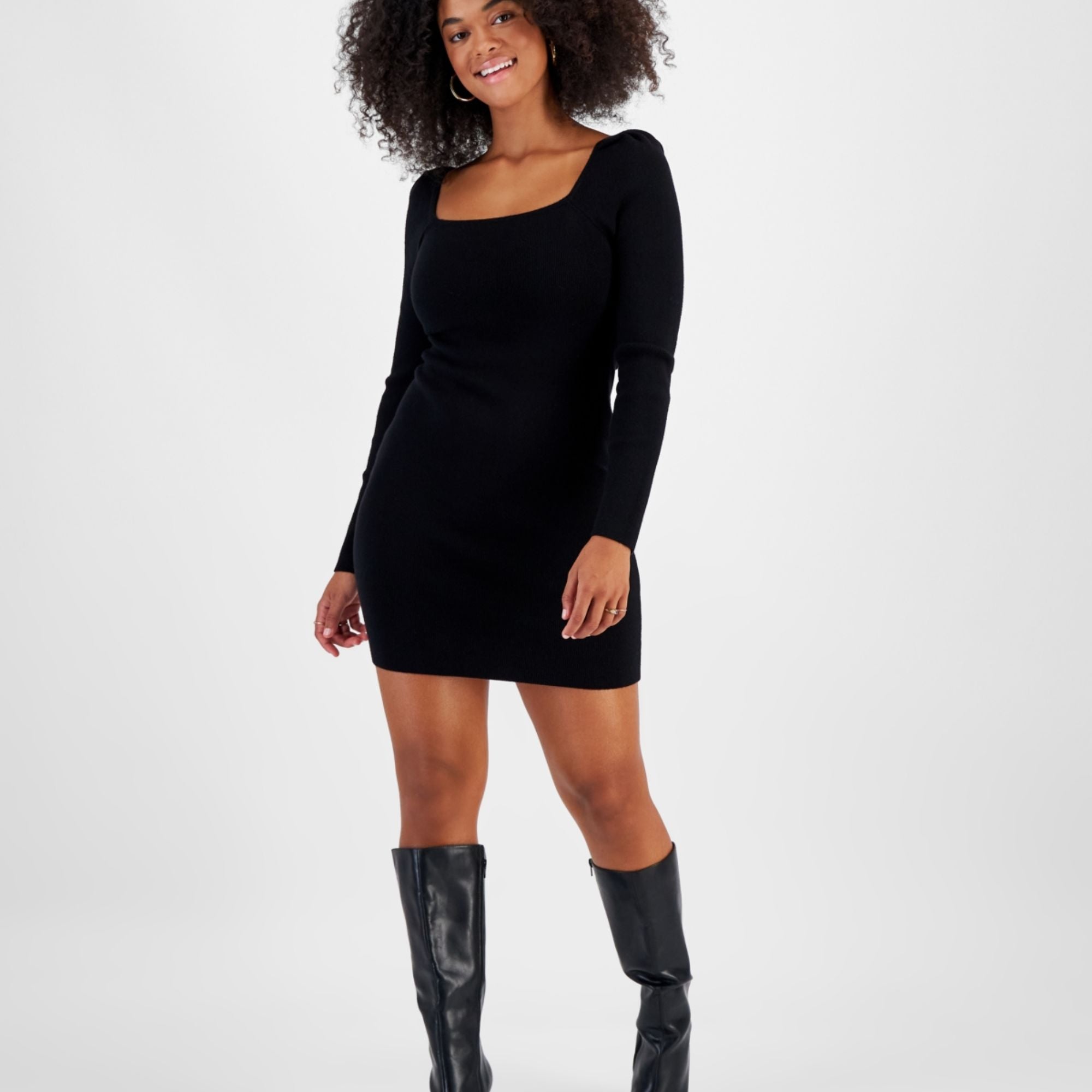 Bar III Women's Square-Neck Bodycon Sweater Dress – Deep Black, S