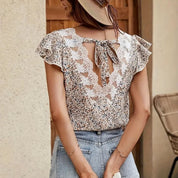 Lace Trim Tie Back Blouse, Casual Ruffle Sleeve Top for Spring & Summer - Medium