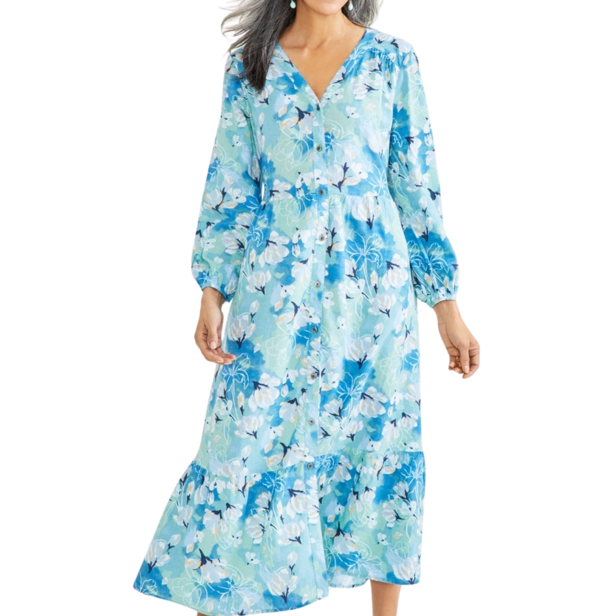 Style & Co Women's Printed Linen Tiered Midi Dress – Arles Floral Teal, Petite Medium