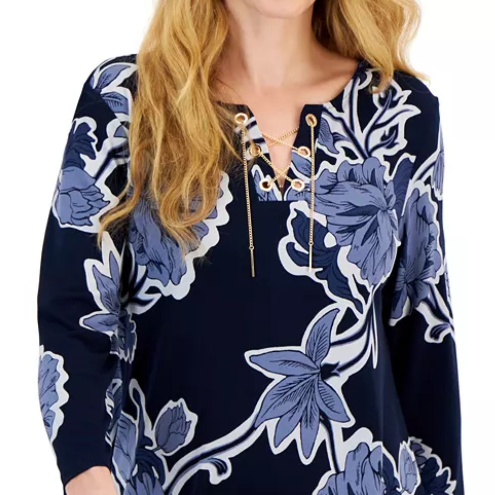 JM Collection Women's 3/4 Sleeve Printed Chain Lace-up Tunic – Intrepid Blue, XL
