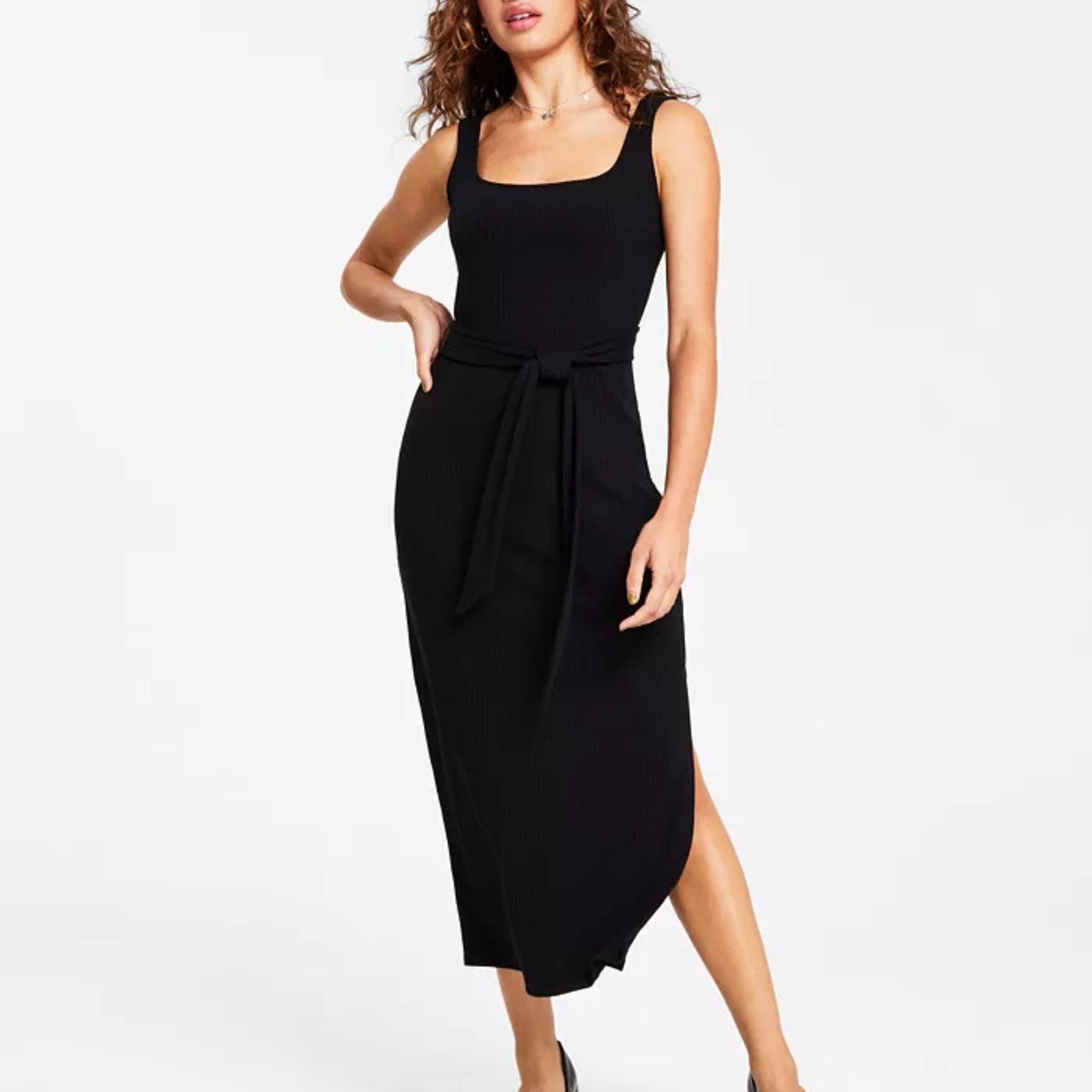 Bar III Women's Square-Neck Tie MIDI Dress – Deep Black, Size Large