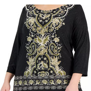 JM Collection Plus Size Printed Border-Hem Jacquard Top – Deep Black, Size - 1X