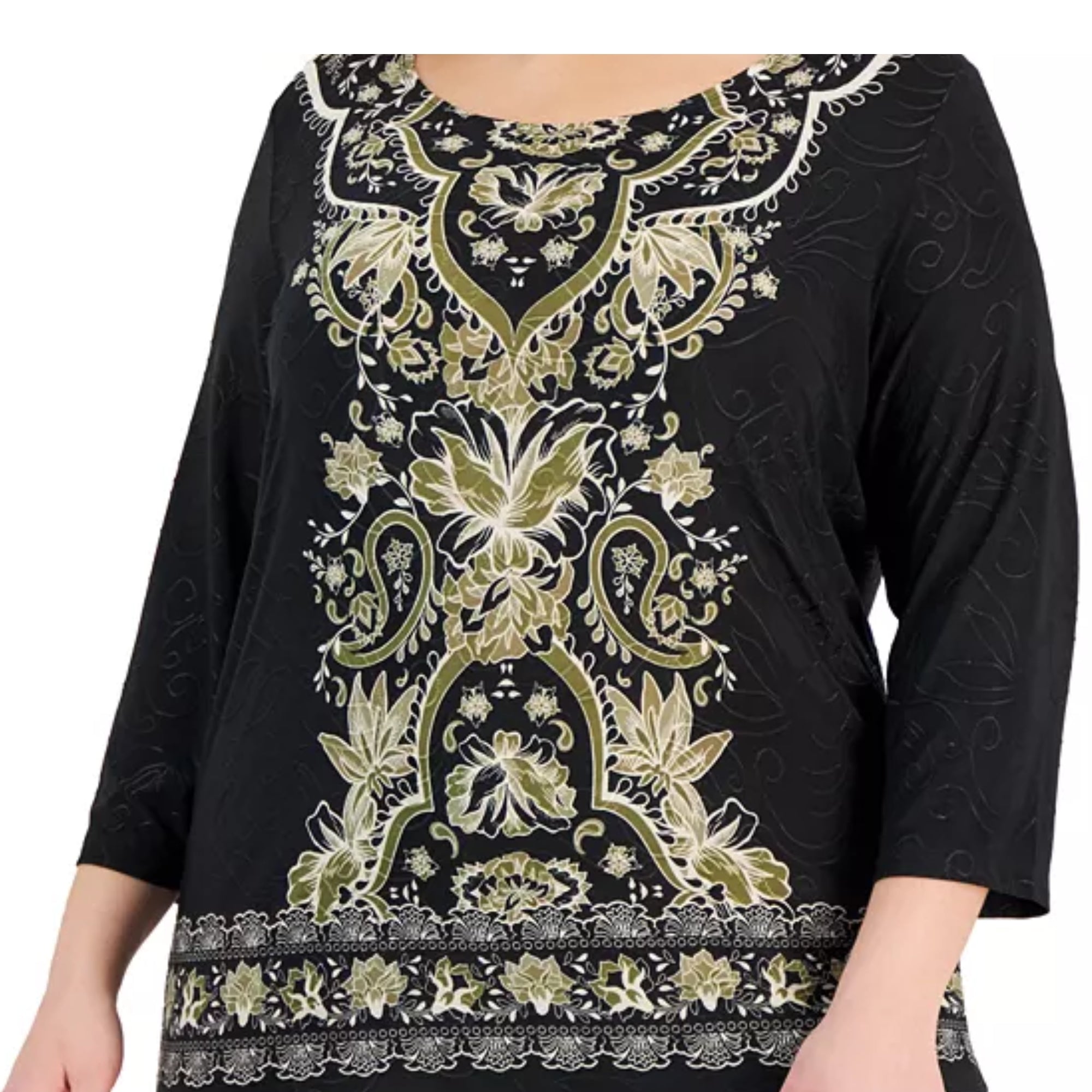 JM Collection Plus Size Printed Border-Hem Jacquard Top – Deep Black, Size - 1X