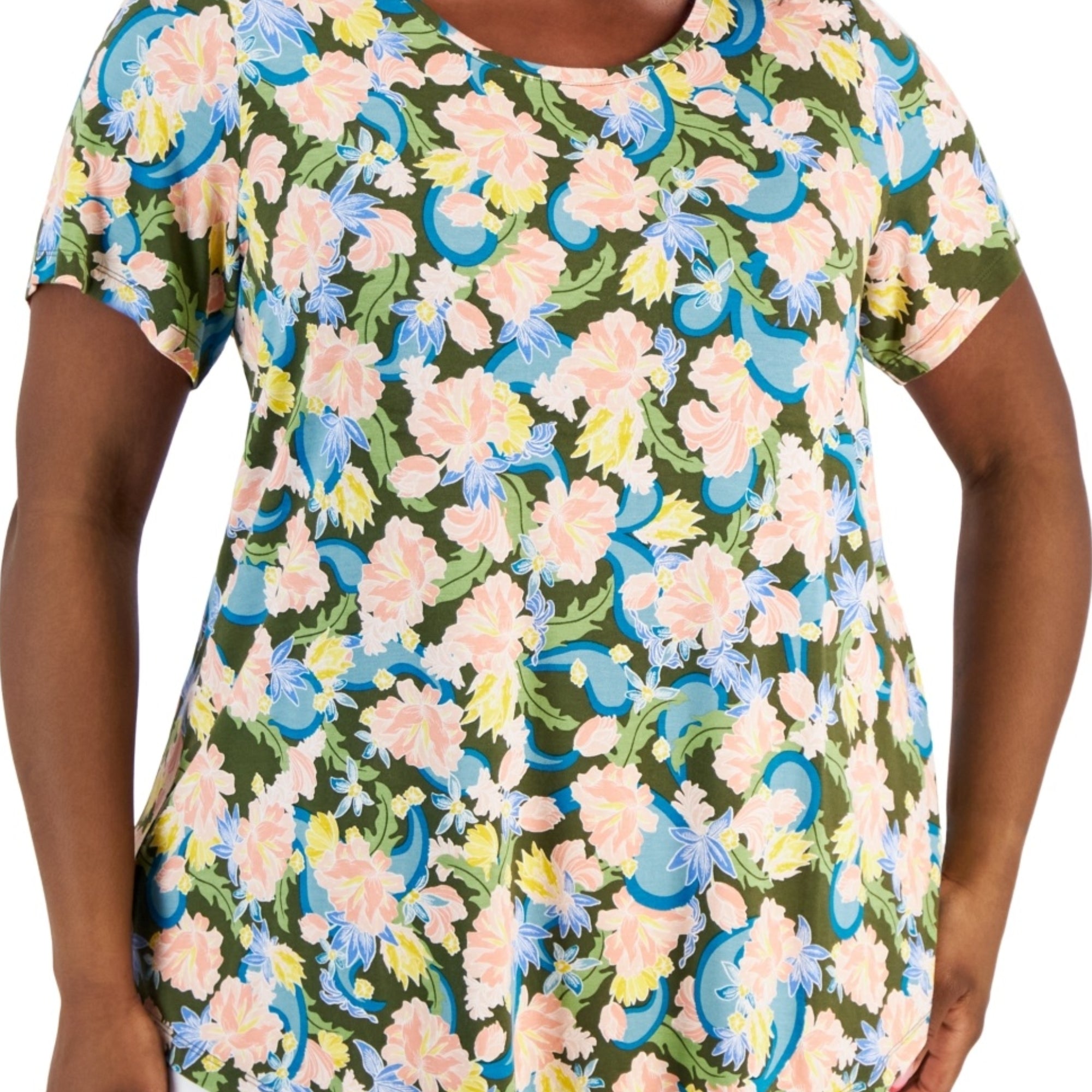 JM Collection Plus Size Oaklyn Floral-Print Short-Sleeve Top – New Avocado Combo, Size - 3X