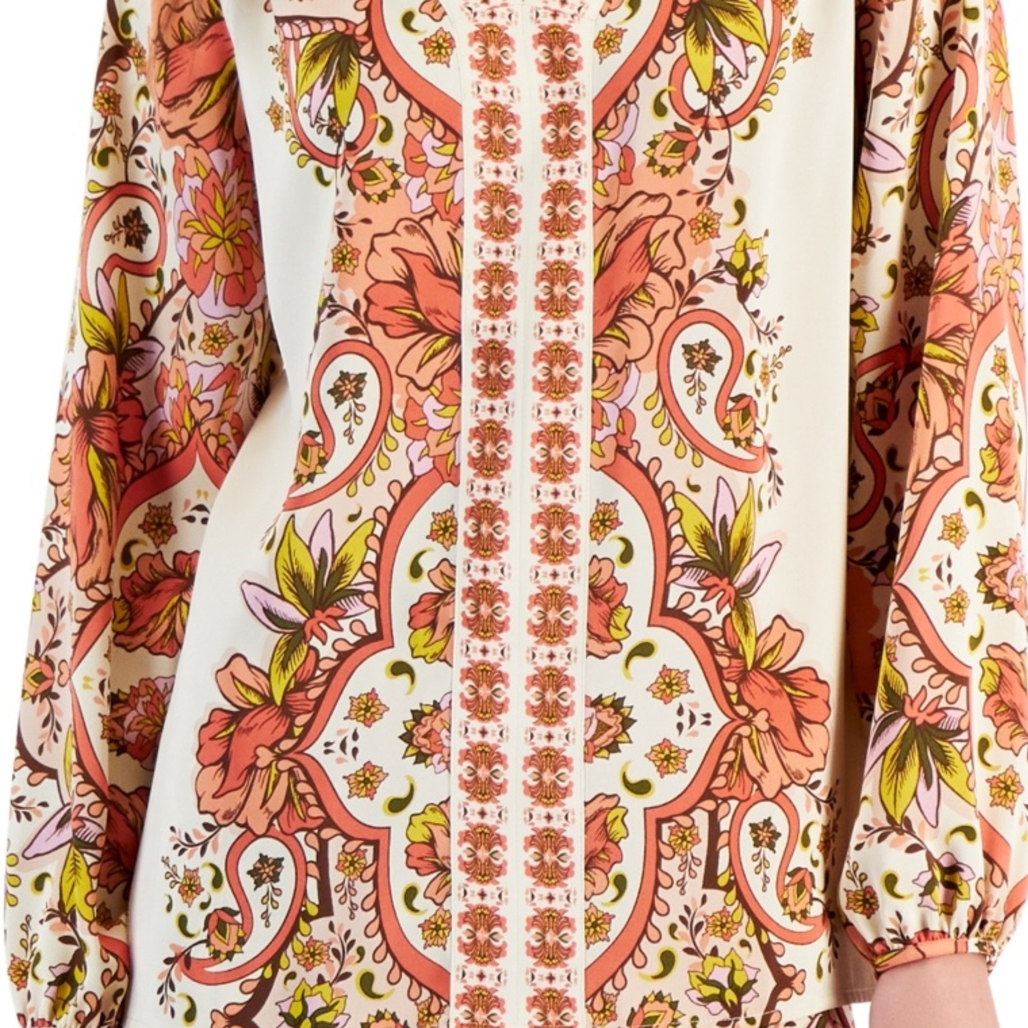 JM Collection Women's Long Sleeve Printed V-Neck Satin Top – Sandshell Combo, XL