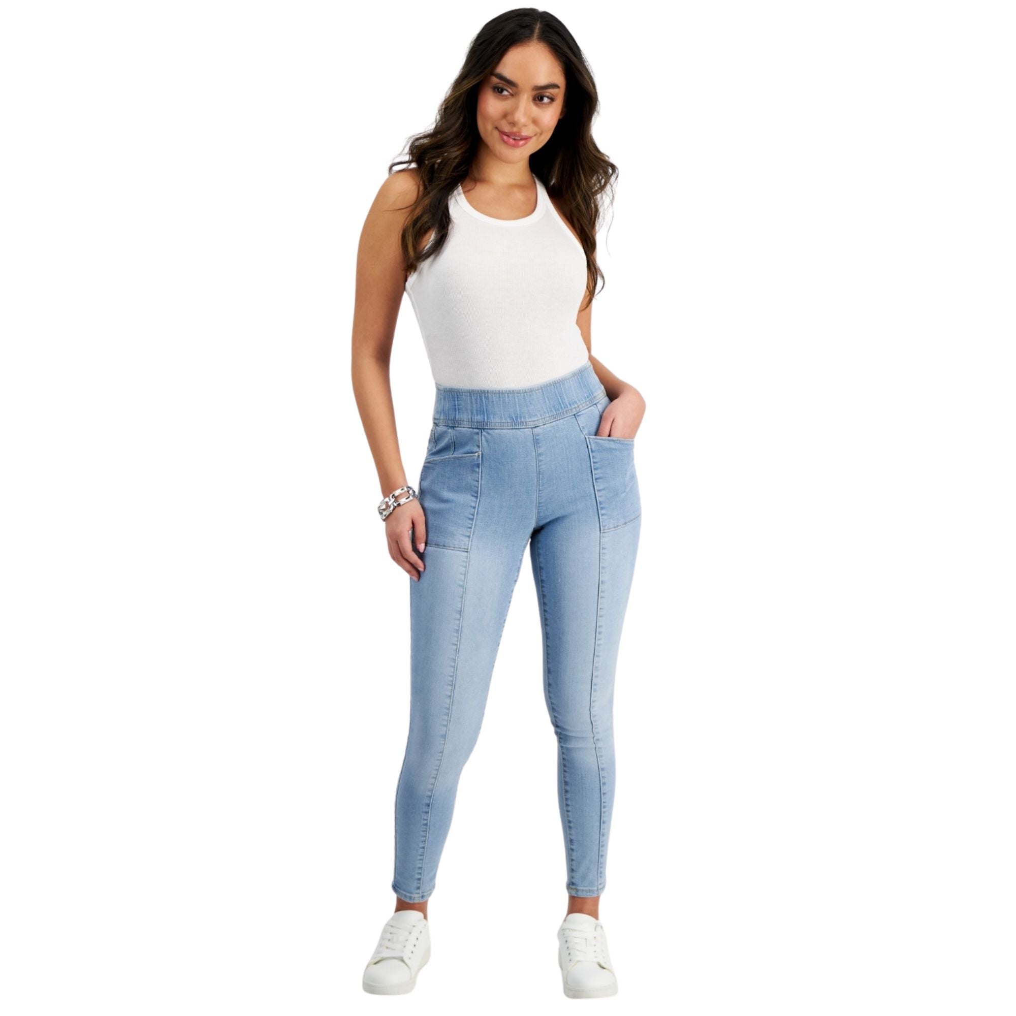 I.N.C. International Concepts Petite High-Rise Seamed Pull-On Skinny Jeans – Light Indigo, Size 10P