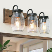 Farmhouse 3-Light Bathroom Vanity Wall Sconce – Black with Brown Faux Wood