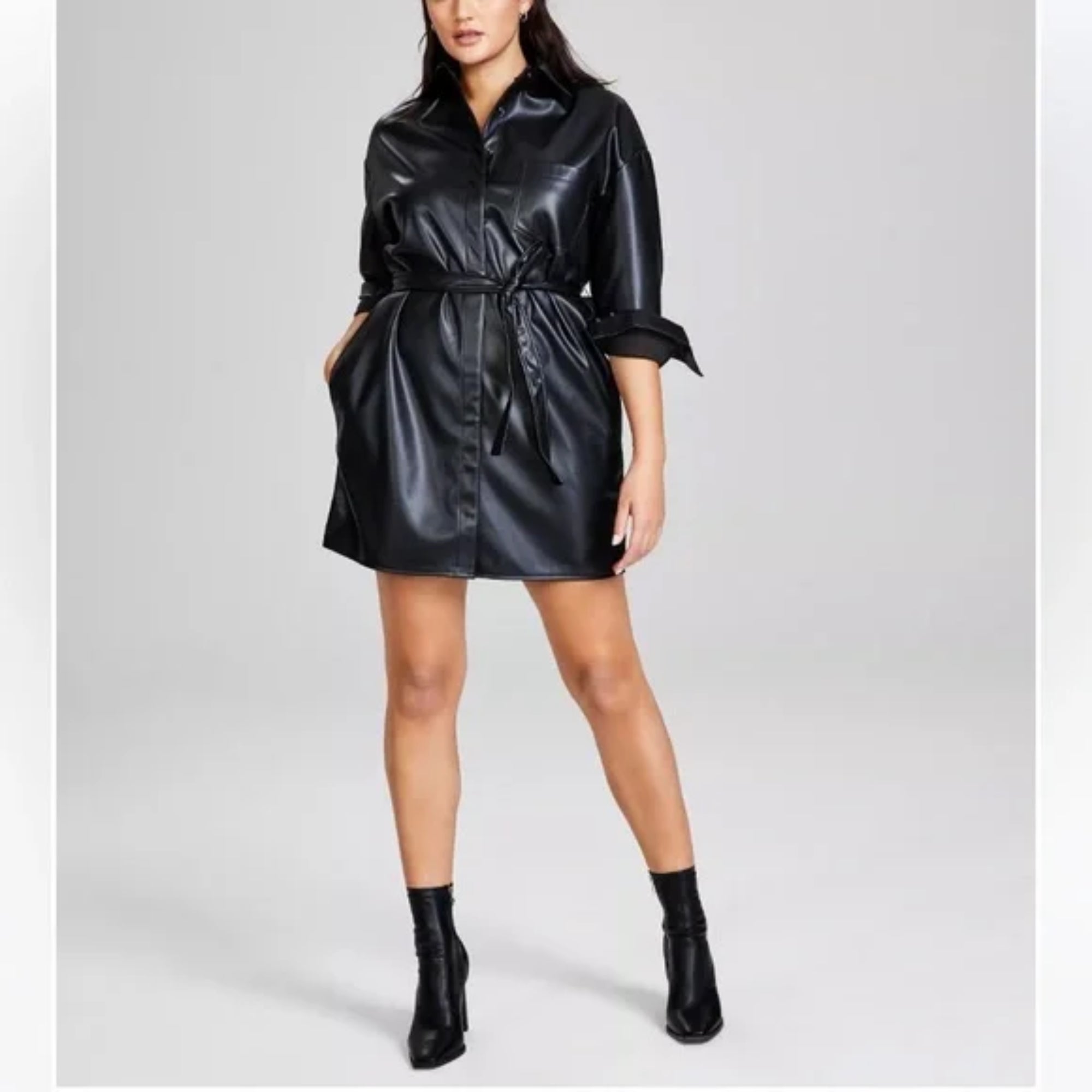 And Now This Women's Belted Faux-Leather Shirtdress – Black, Size - Large