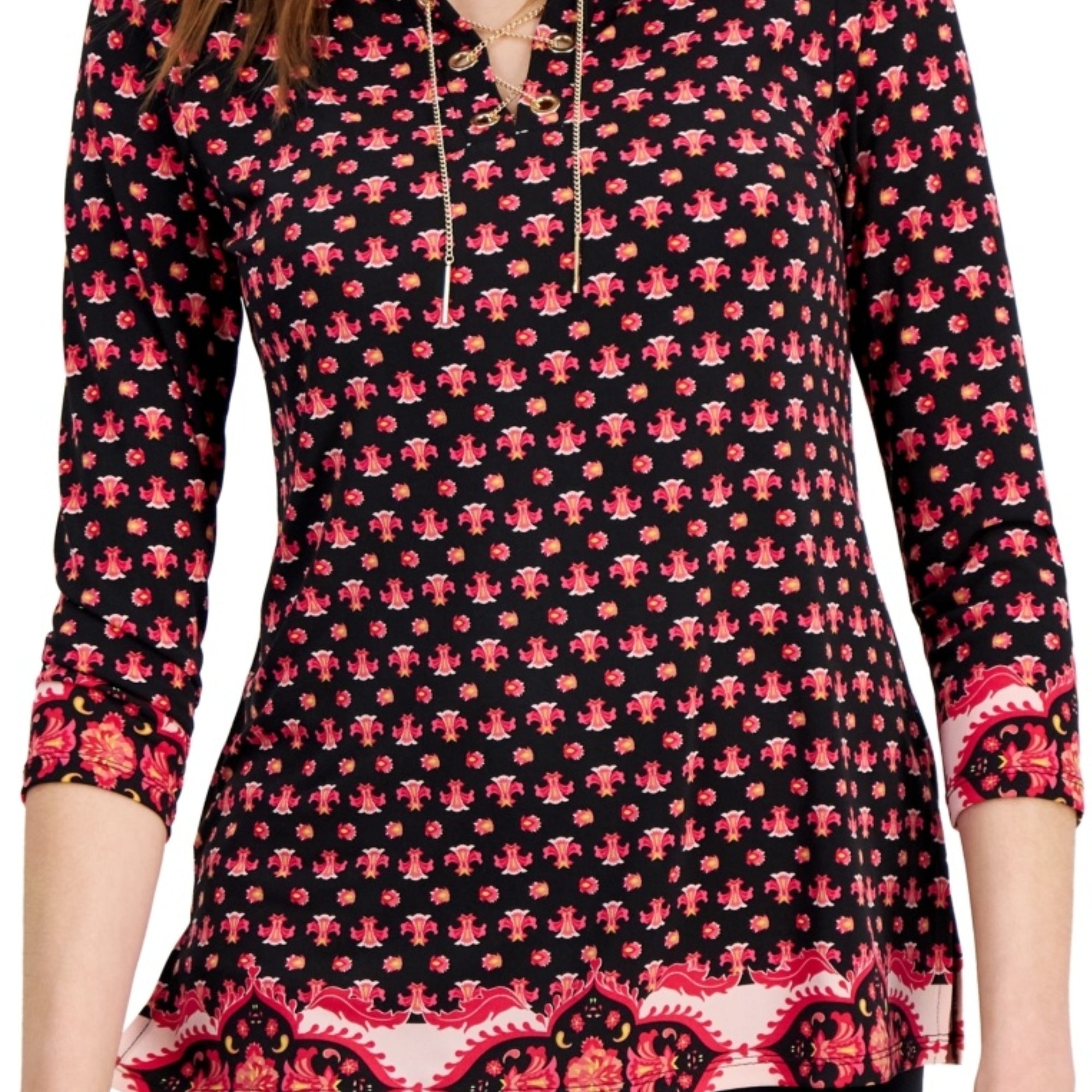JM Collection Women's Chain Lace-Up Border-Print Tunic – Deep Black Combo, Medium