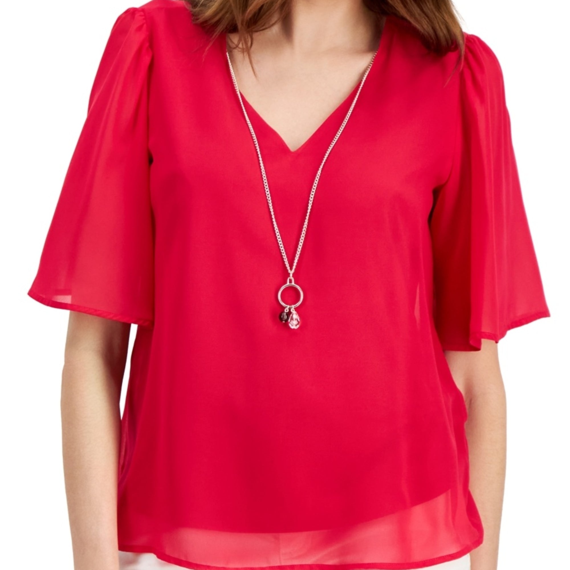 JM Collection Women's Flutter-Sleeve Necklace Top – Claret Rose, Size XL