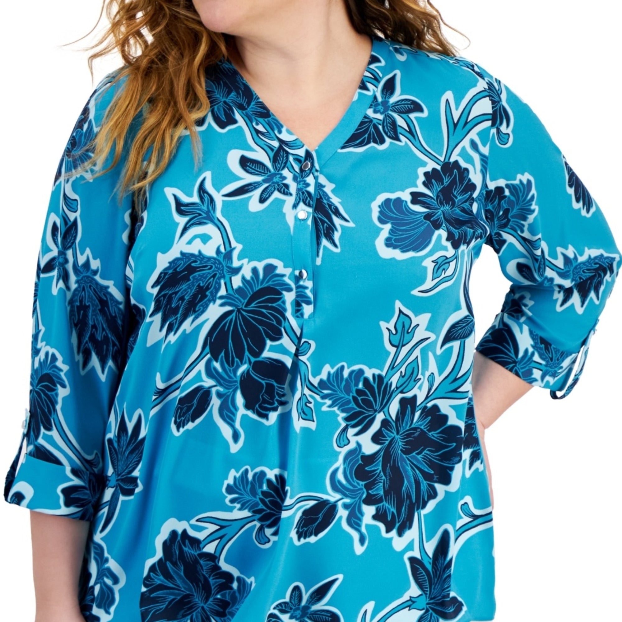 JM Collection Plus Size Felicia Floral Utility Top – Seafrost Combo, Size - 2X