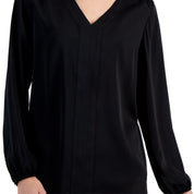 JM Collection Women's Long-Sleeve Satin V-Neck Blouse – Deep Black, Small