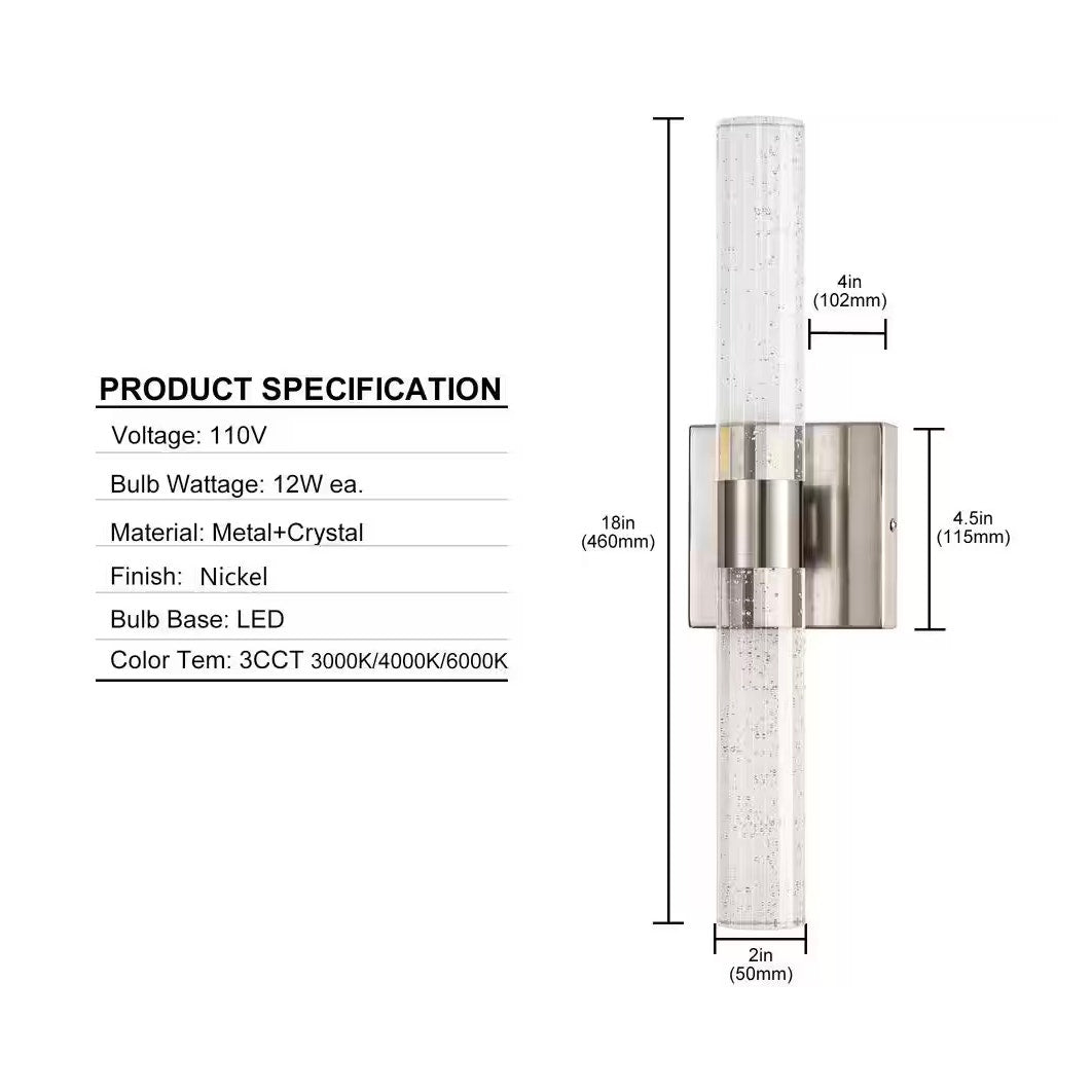 Glass Bubble Light Bar LED Vanity 18 in. 2-Light Brushed Nickel Modern/Contemporary