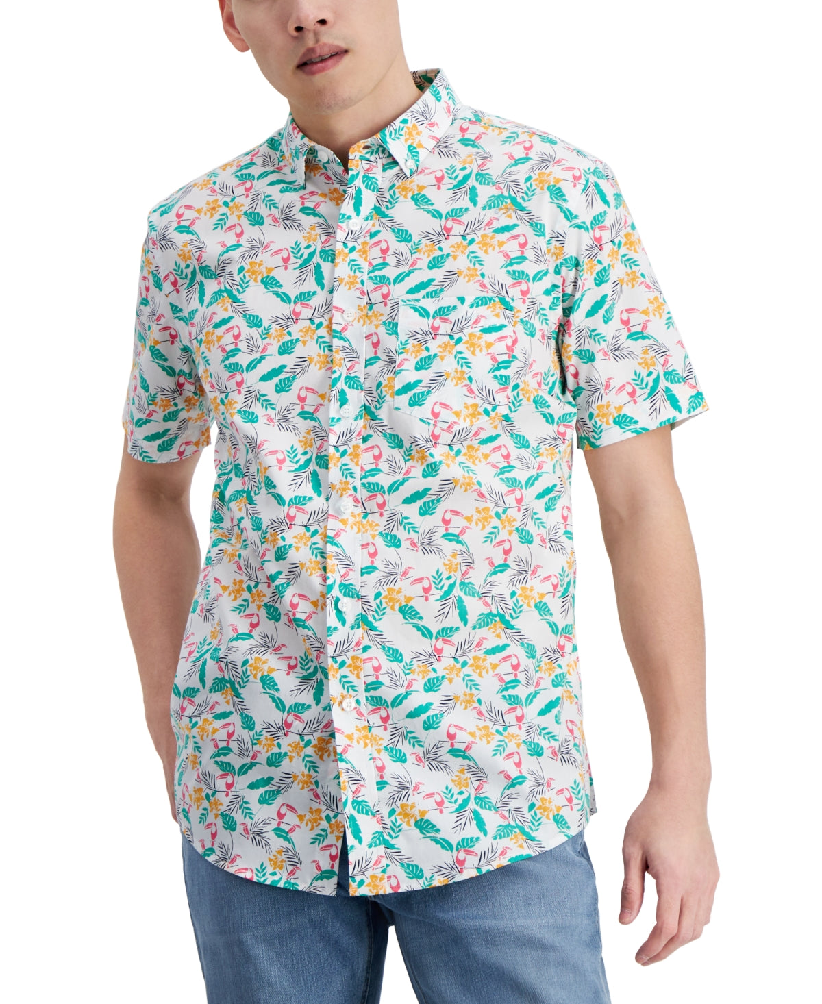 Club Room Men's Regular-Fit Tropical Toucan-Print Poplin Shirt - Size Small