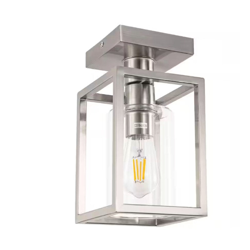 Farmhouse Ceiling Light Semi Flush Mount with Glass Shade Brushed Nickel Cage