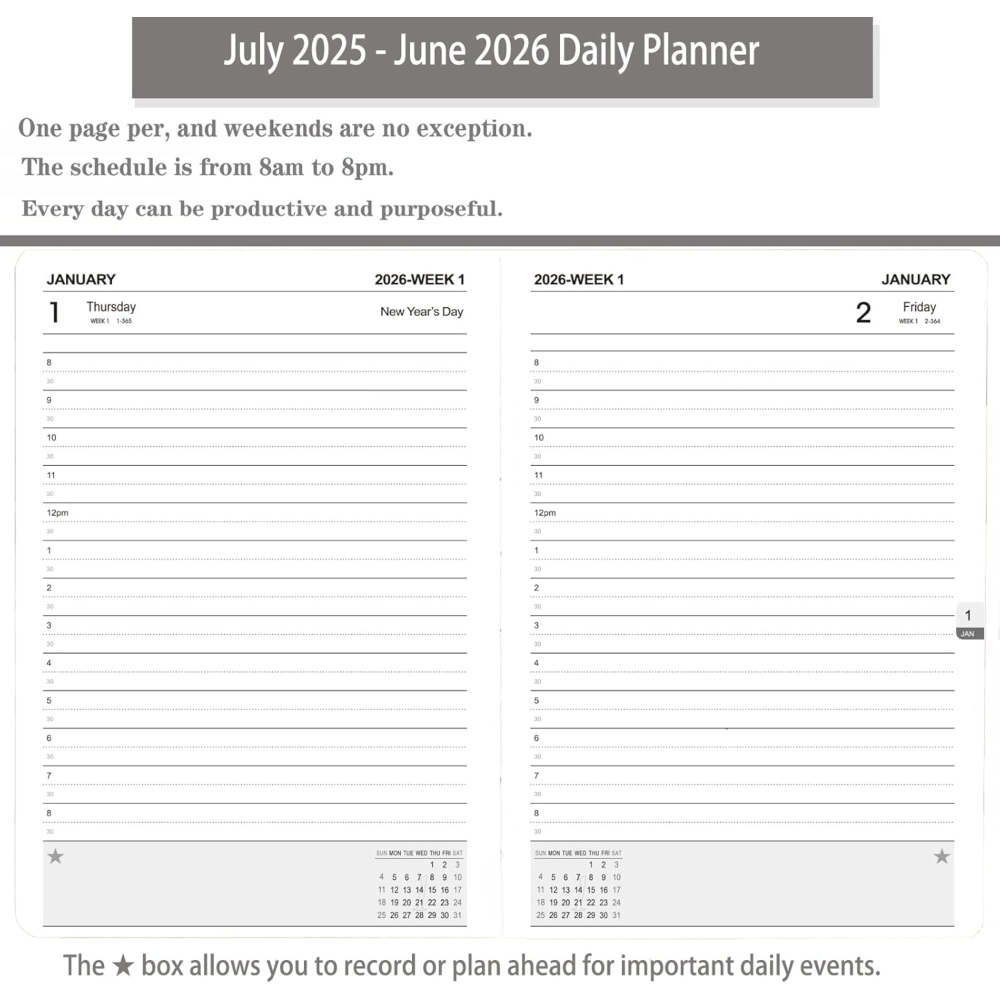PHLIFOSS Daily Planner 2025–2026 – One Page Per Day Academic Calendar, 5.7" x 8.25", Pocket Organizer - Lake Green