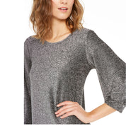 Alfani Women's Gray Glitter Jewel Neck 3/4 Sleeve Blouse, Size - Small