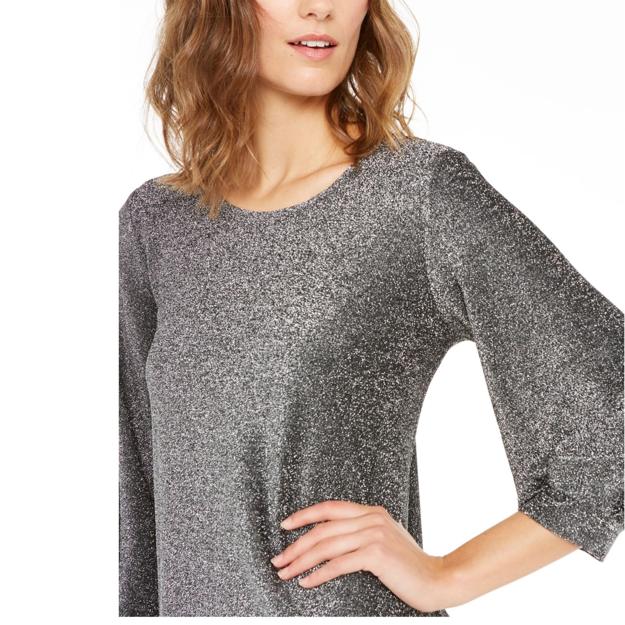 Alfani Women's Gray Glitter Jewel Neck 3/4 Sleeve Blouse, Size - Small
