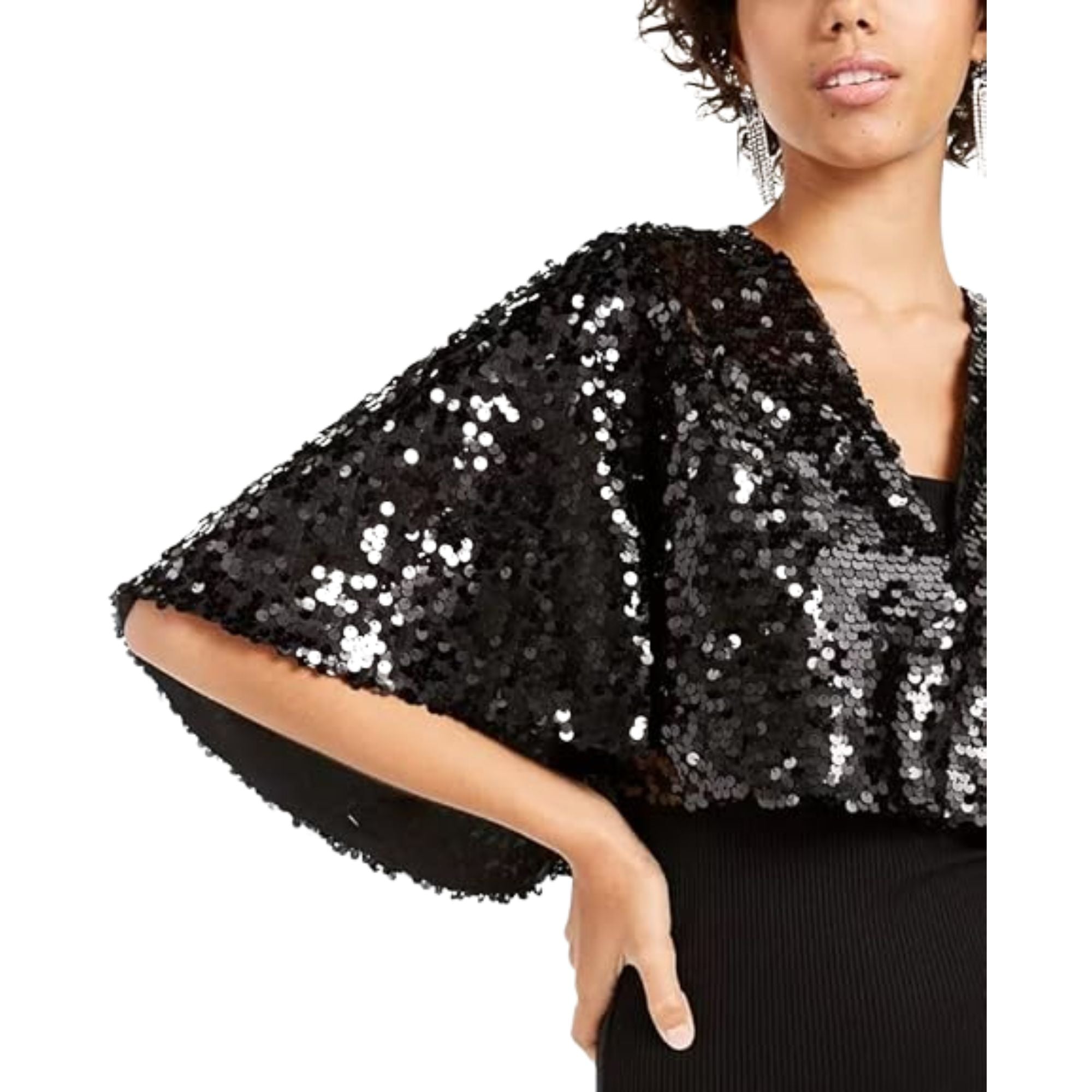 Teeze Me Women's Black Short Sleeve Sequined Capelet Top - Size Small