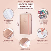 Clever Fox Pocket Planner Weekly – Undated Mini Goal & Productivity Calendar, Purse Size 3.7" x 6.7", Rose Gold