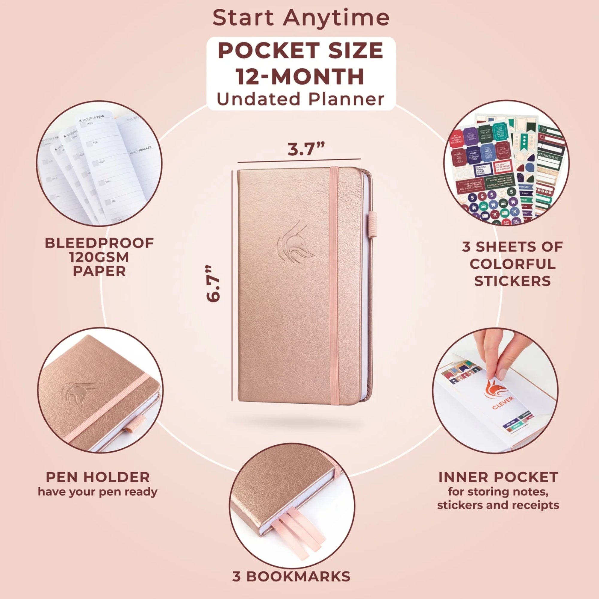 Clever Fox Pocket Planner Weekly – Undated Mini Goal & Productivity Calendar, Purse Size 3.7" x 6.7", Rose Gold