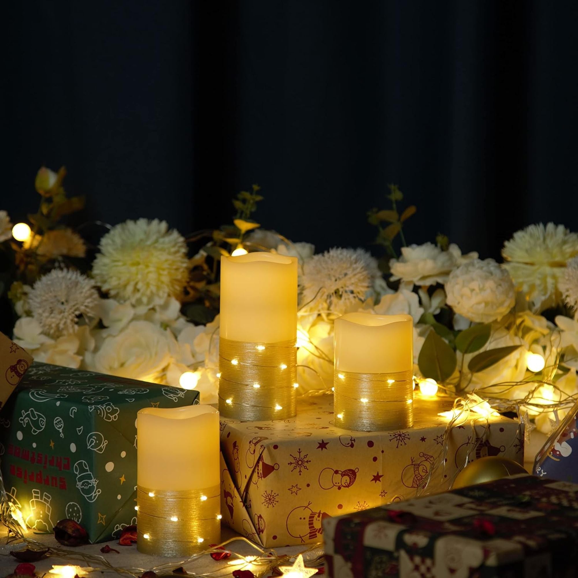 H-BLOSSOM Flickering Flameless Candles, Real Wax Pillar with Embedded String Lights, LED Battery Operated Candles with Remote & 5H Timer - Set of 3 (Gold, 3" x 4"/5"/6")