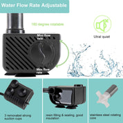 Hygger Ultra Quiet 53GPH Submersible Mini Water Pump – 3W, 2 Nozzles Included, for Aquariums – Black