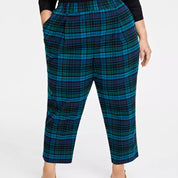 On 34th Plus Size Plaid Brushed Relaxed Ankle Pants - Blue Green Combo 3X