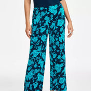 JM Collection Women's Elena Printed Wide-Leg Knit Pull-on Pants – Intrepid Blue Combo, Large
