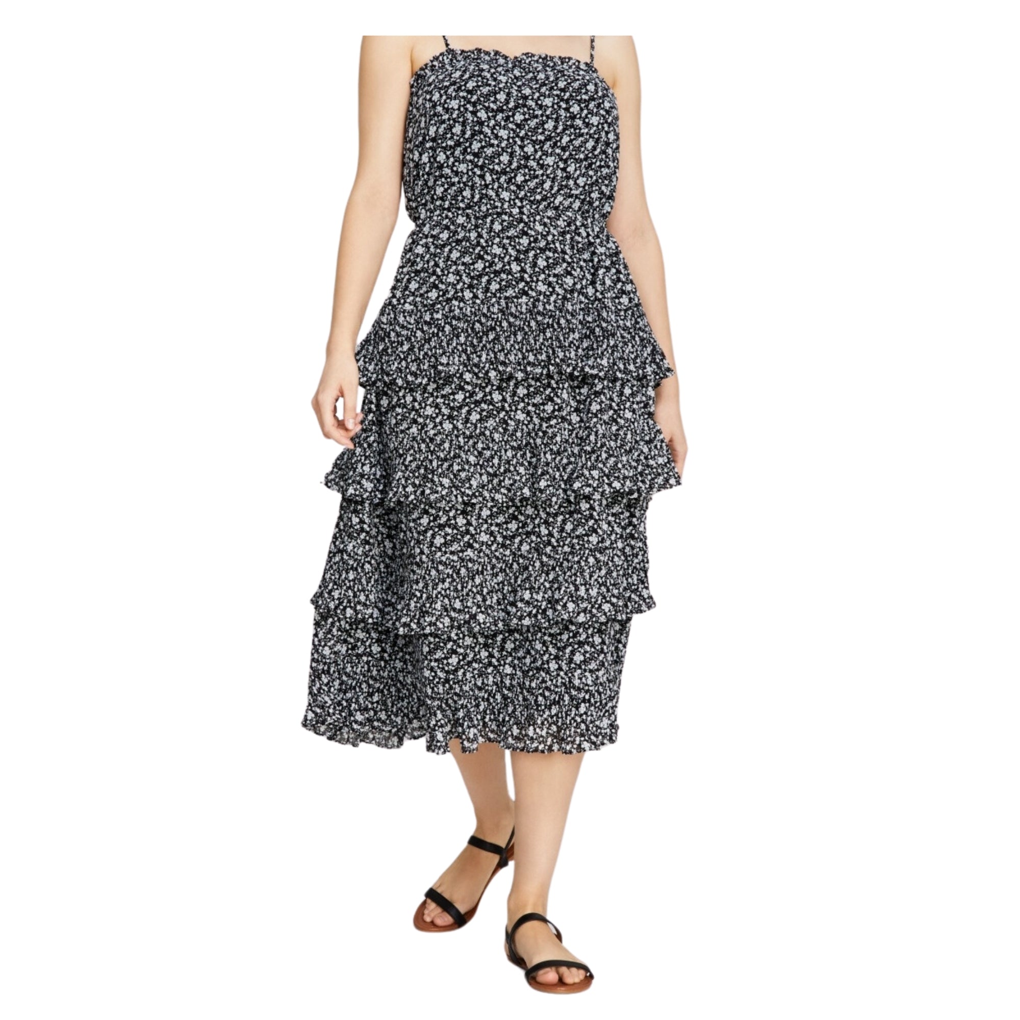 And Now This Women's Plus Size Tiered Sleeveless Midi Dress – Black Floral, Size - XL