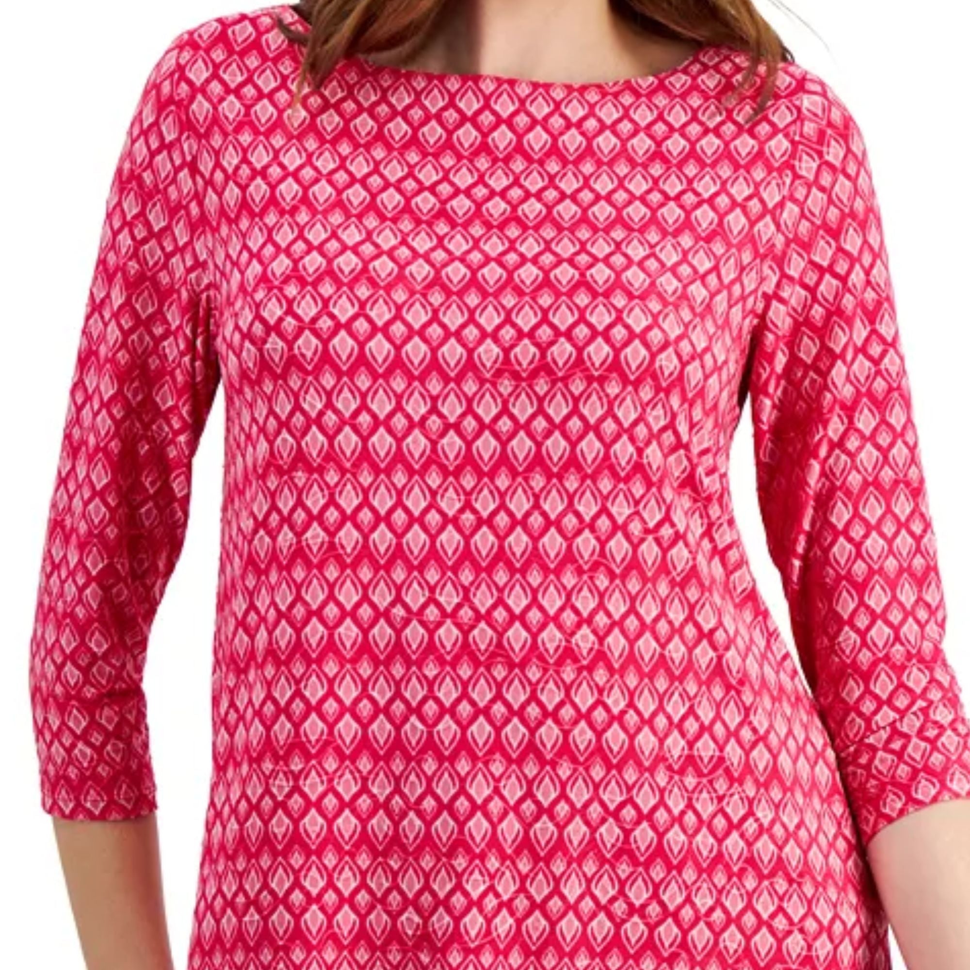 JM Collection Women's Printed Jacquard Swing Top – Claret Rose Combo, XL