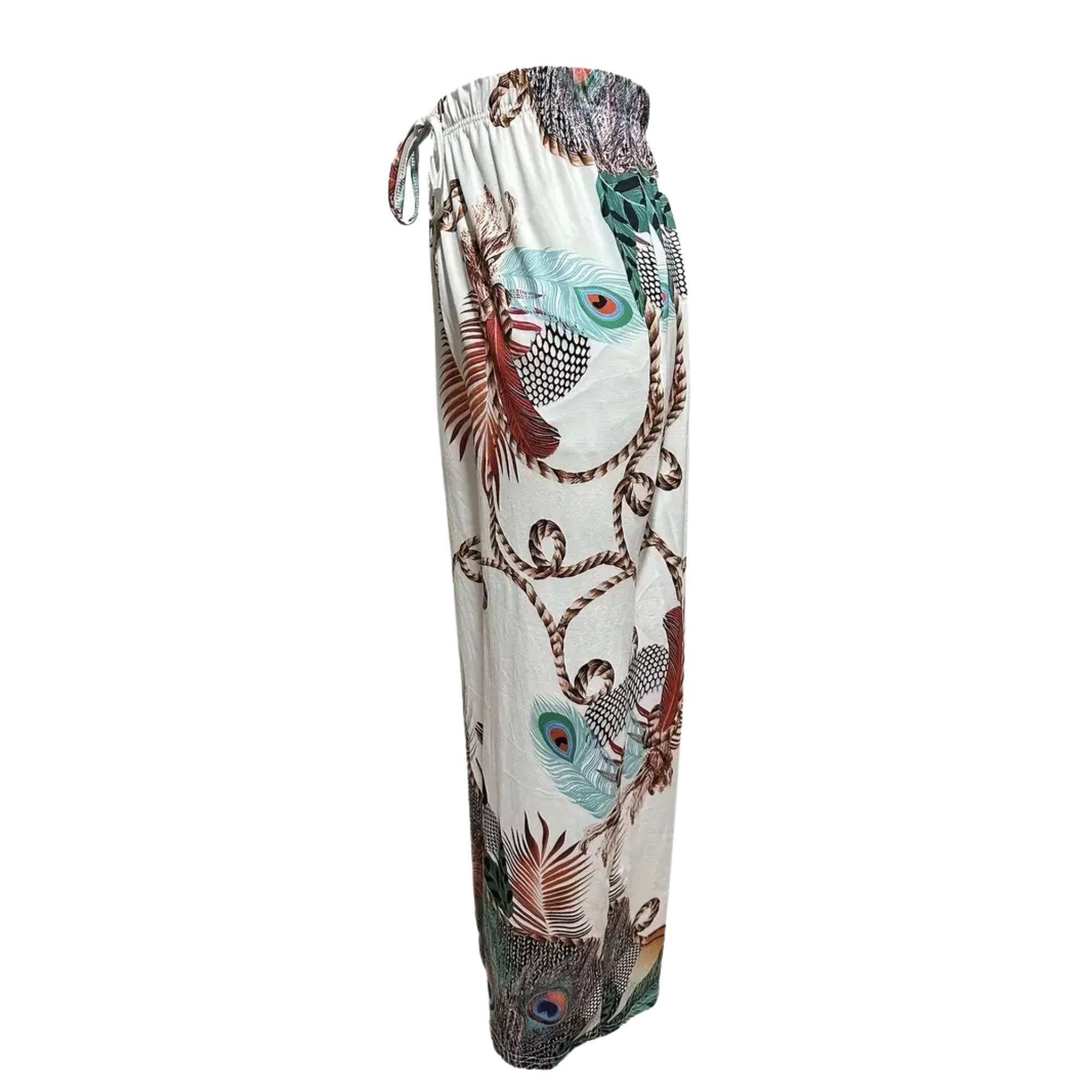 Peacock Print Wide Leg Palazzo Pants, Medium - Multicolor