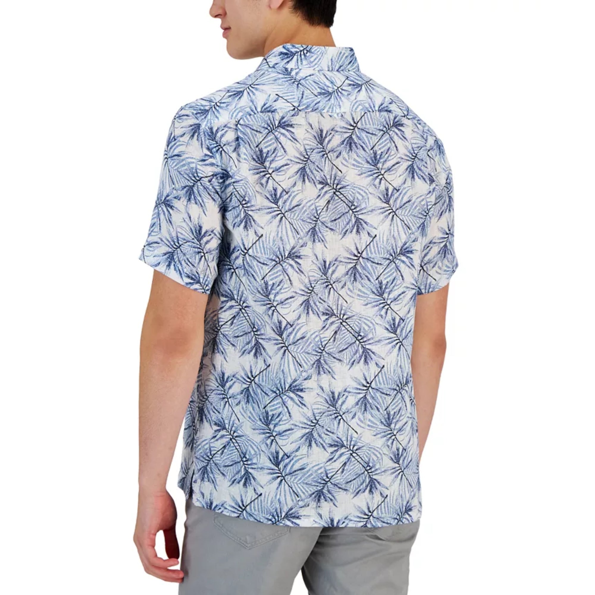 Club Room Men's Classic-Fit Leaf Print Linen Short-Sleeve Shirt, Blue - Size Small