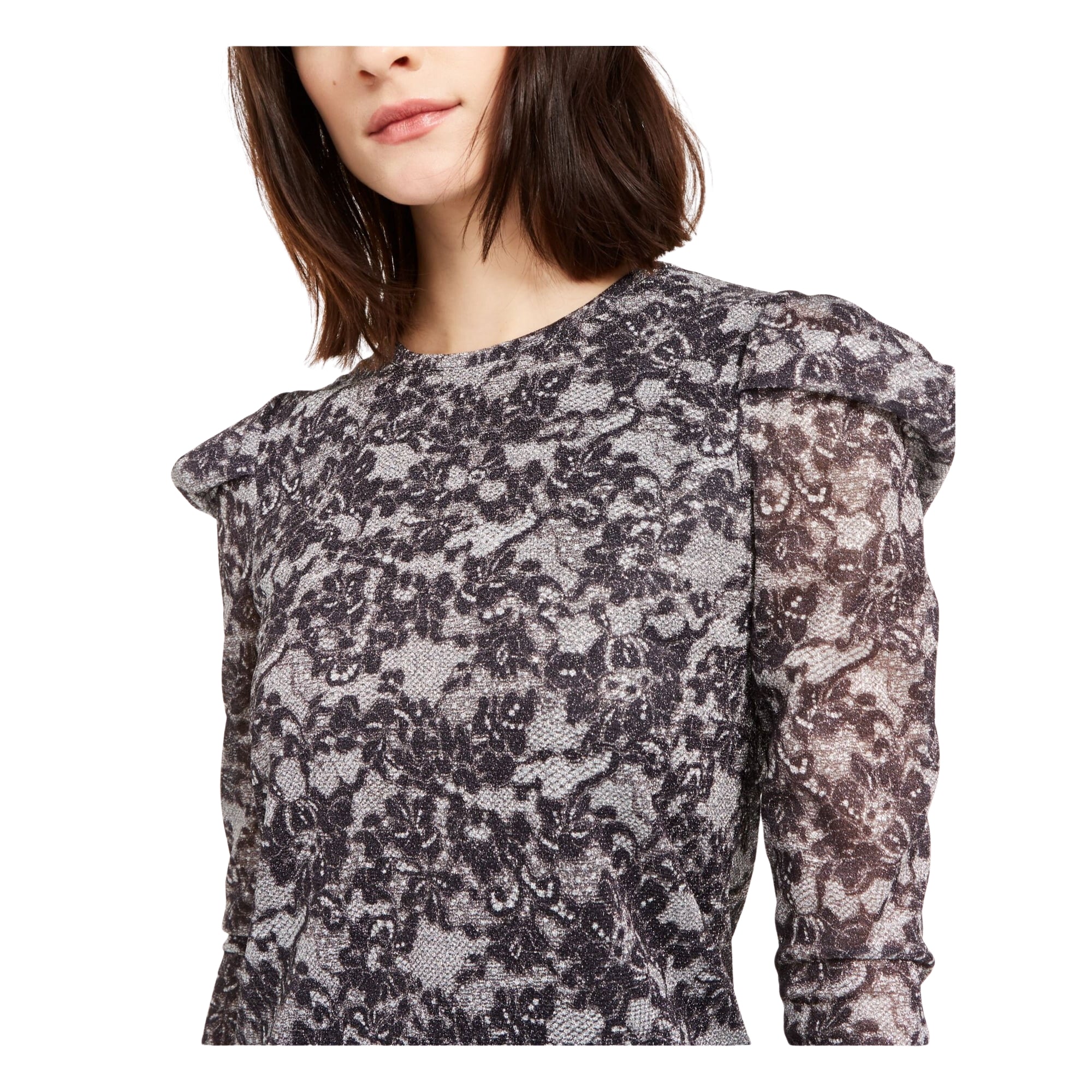 Michael Kors Womens Metallic Puff Sleeves Party Dress Black, Silver XS