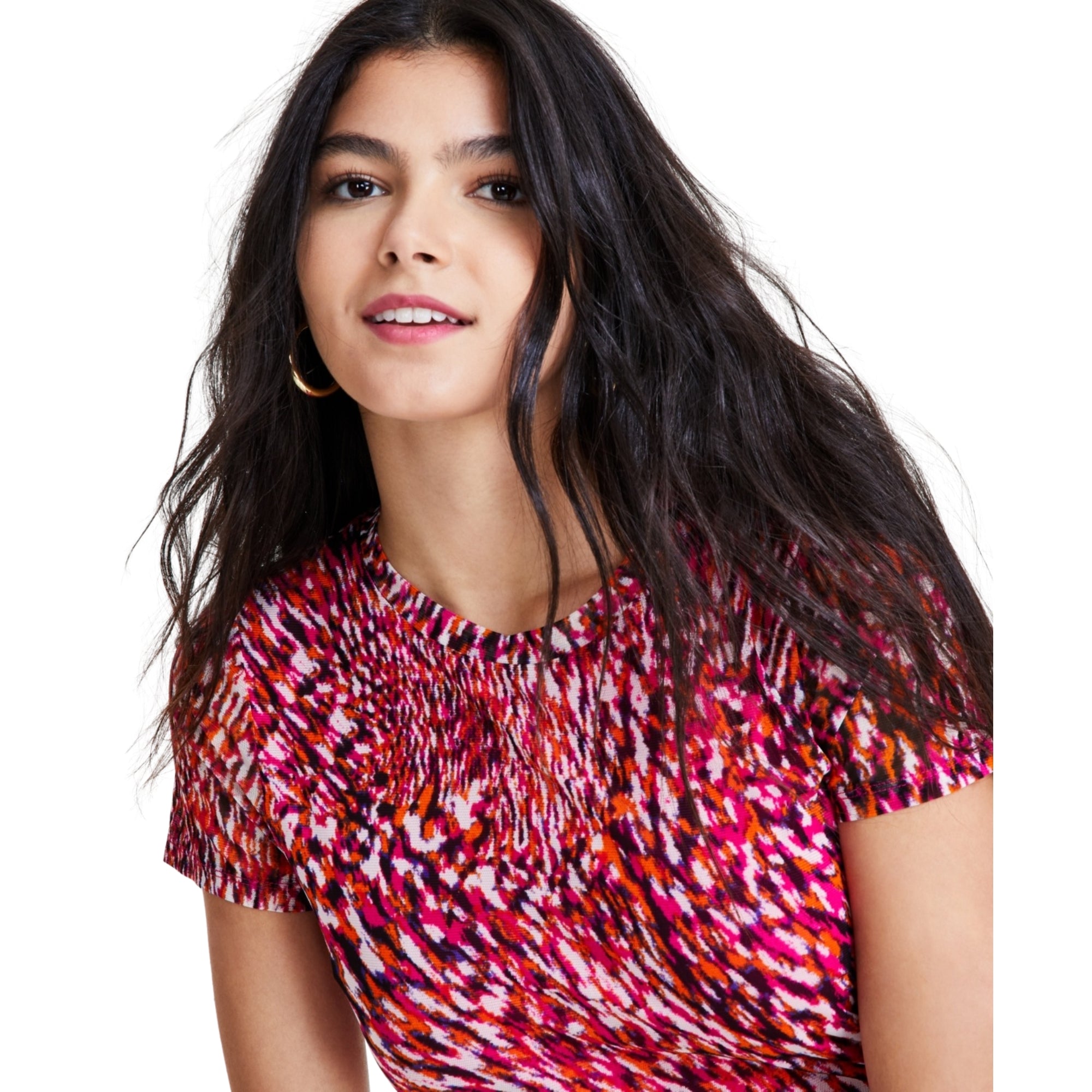 Bar III Women's Printed Short-Sleeve Mesh Top – Sunset Rose, XXS