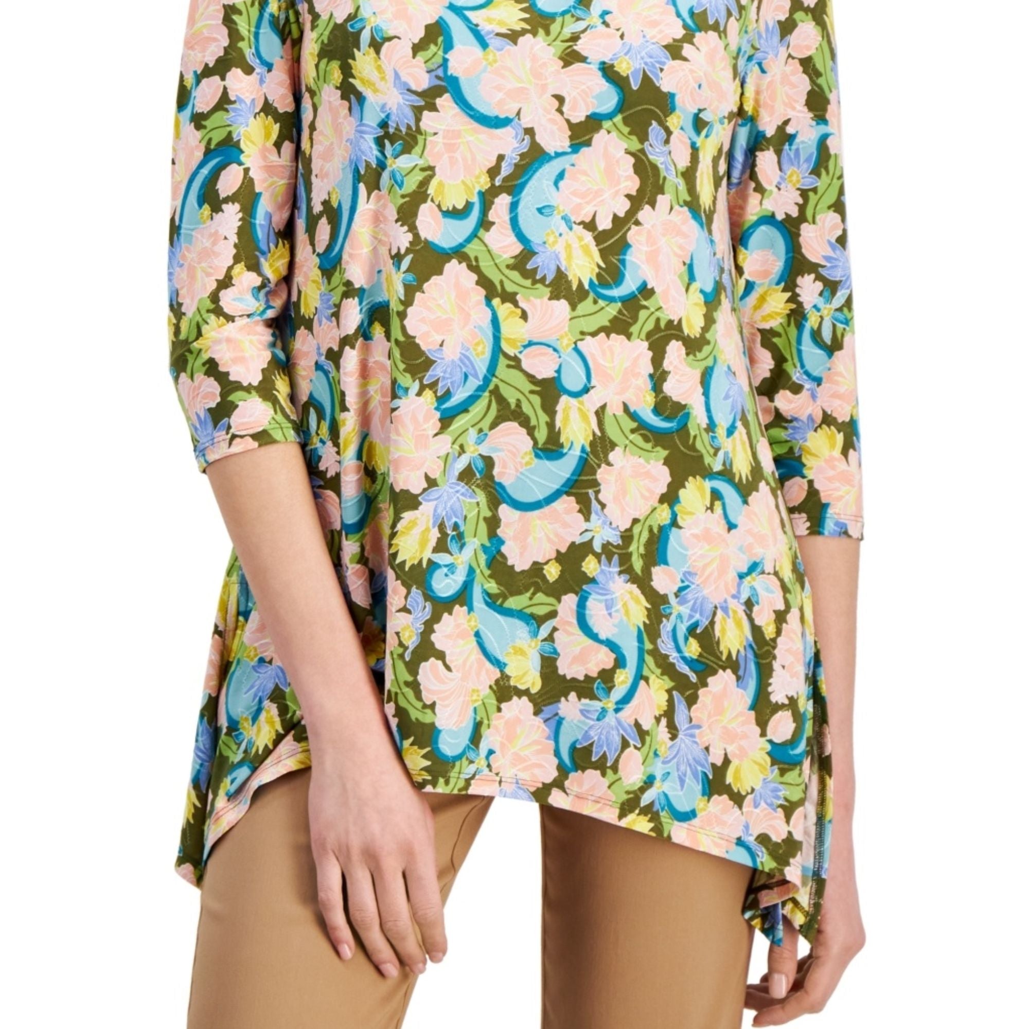 JM Collection Women's Printed Jacquard Swing Top - New Avocado Combo Large