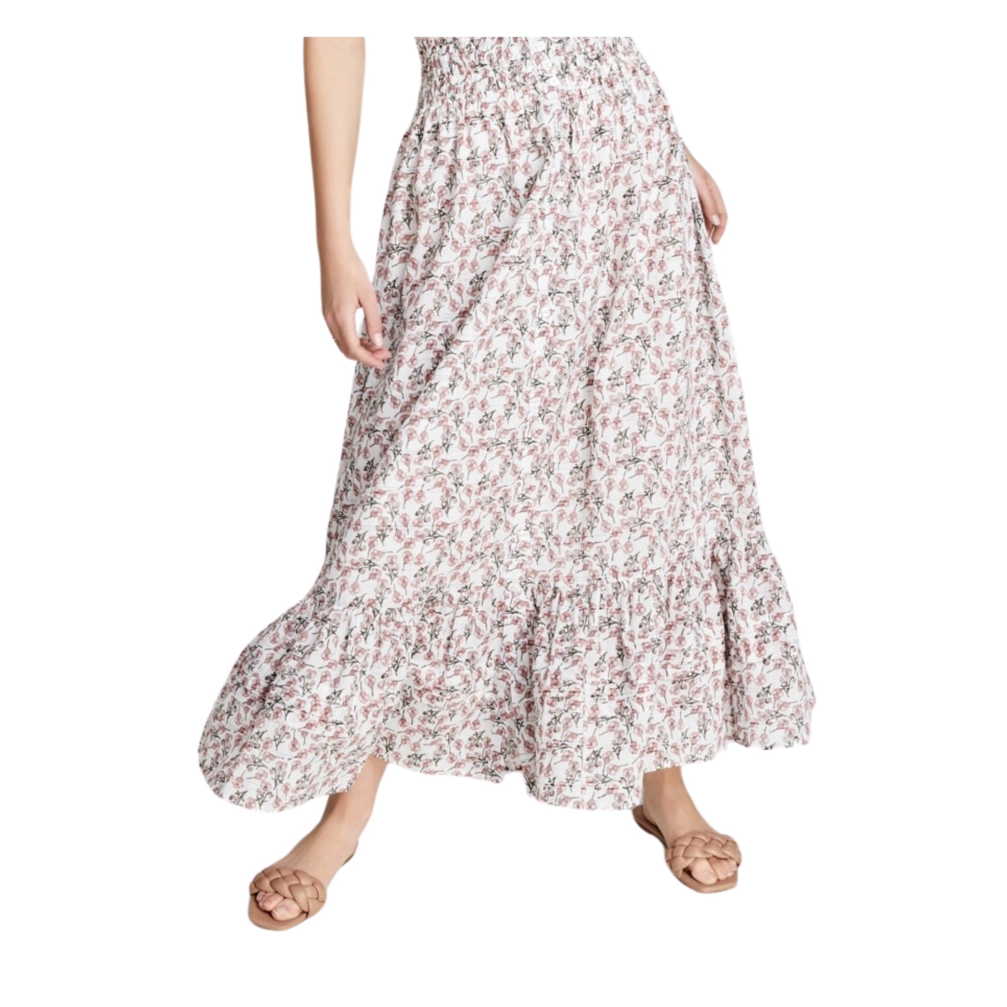 And Now This Women's Cotton Ruffled Smocked Maxi Skirt – White Floral, Size - S