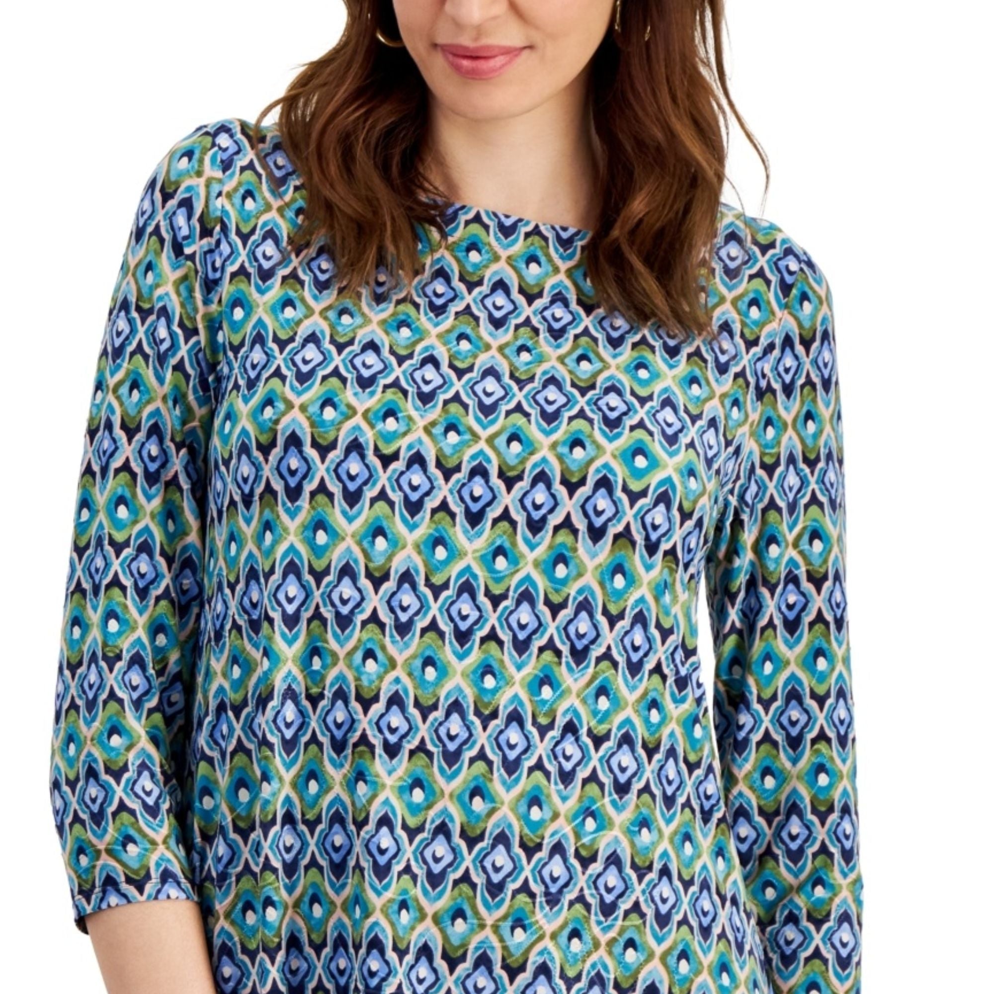 JM Collection Women's Geo-Print Jacquard Swing Top – Seafrost Combo, M